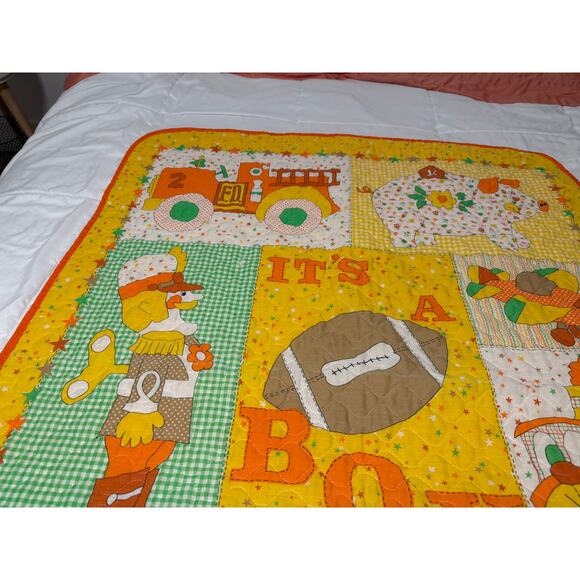 Vintage It’s A Boy Baby Quilt 34x43 Retro Appliqué Nursery Blanket Trains Bike - Picture 4 of 10